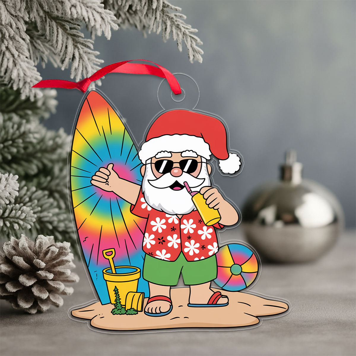 Santa Claus Cartoon Christmas On The Beach Acrylic Ornament Christmas Gift