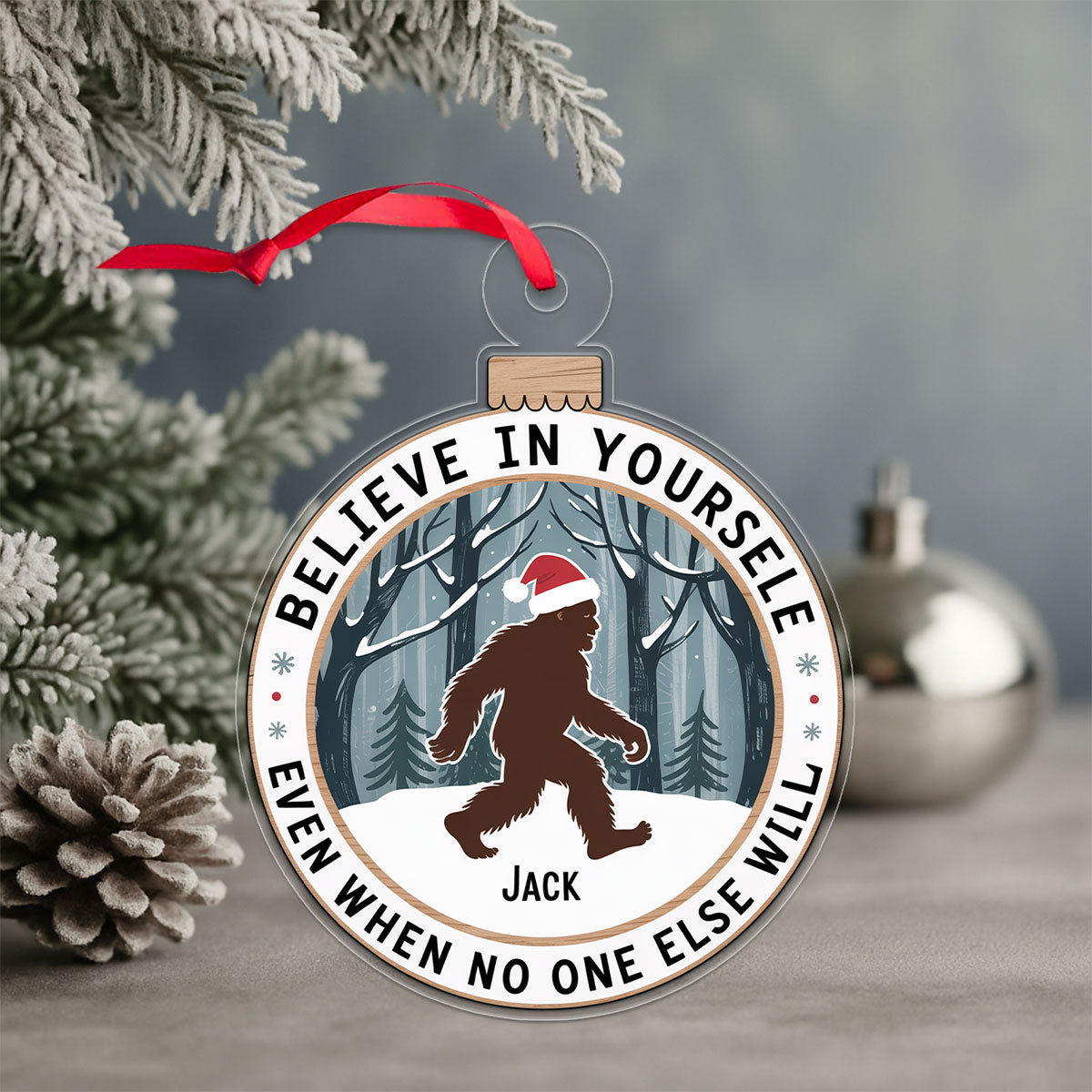Personalized Bigfoot Believe Christmas Ornament, Custom Sasquatch Holiday Ornament, Funny Cryptid Decoration, Camper Hiking Gift Keepsake