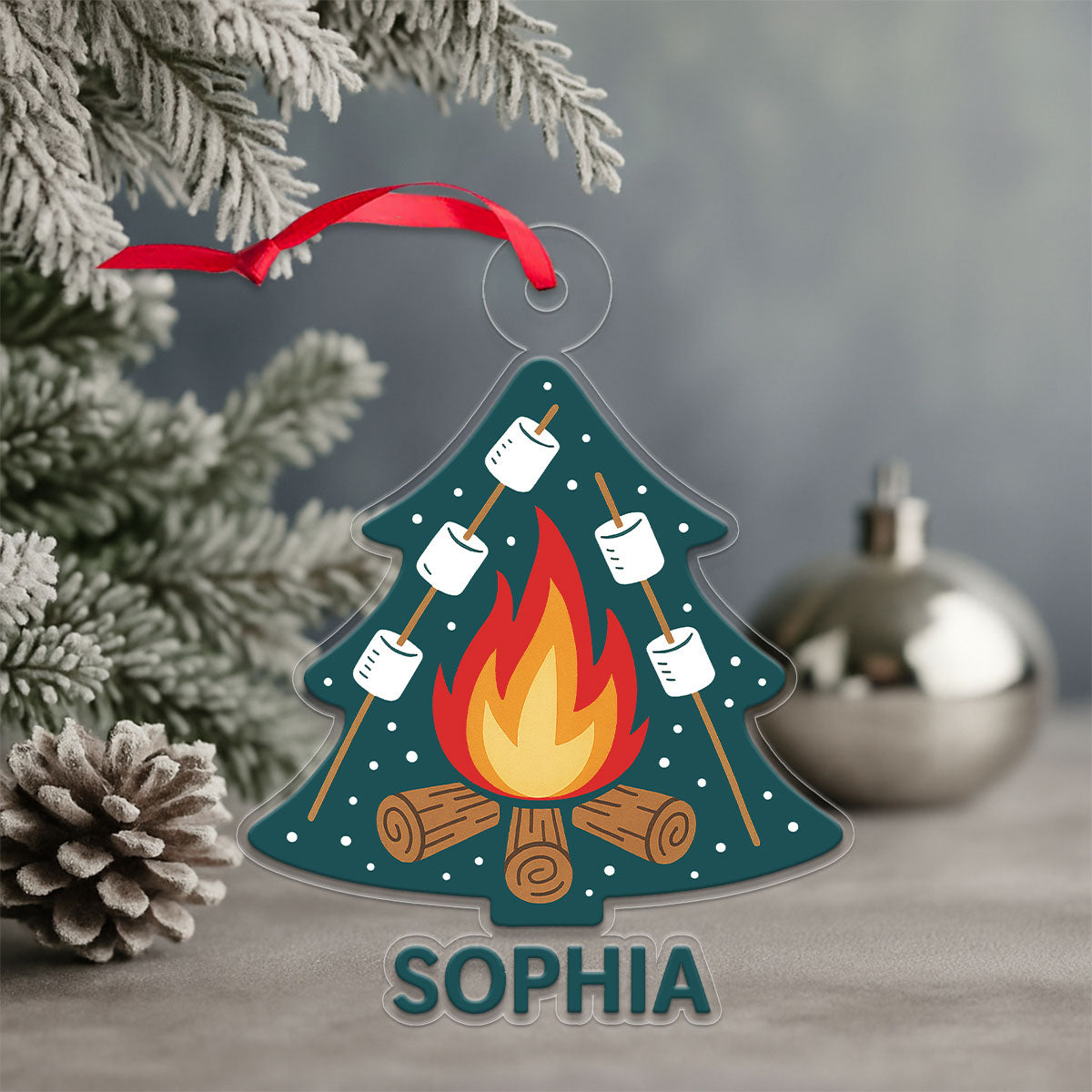 Personalized Campfire and Marshmallows with Christmas Tree Ornament, Custom Christmas Ornament, Camping Holiday Keepsake, Cozy Family Gift