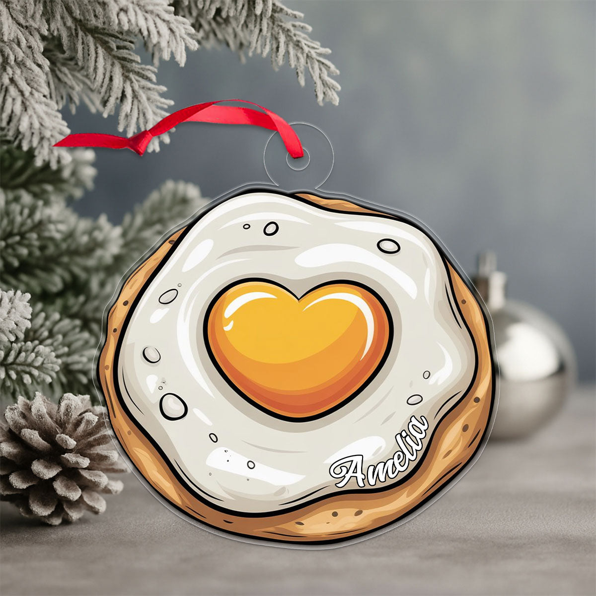Personalized Heart Fried Egg Ornament, Custom Funny Christmas Ornament, Breakfast Lover Gift, Cooking Holiday Decoration, Unique Foodie Keepsake