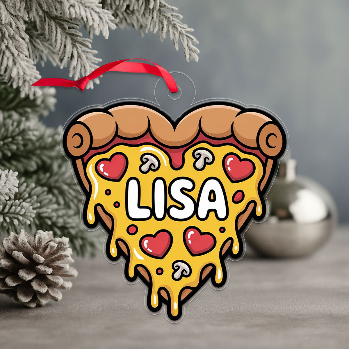 Personalized Heart Pizza Ornament, Custom Pizza Lover Christmas Ornament, Funny Foodie Gift, Holiday Keepsake, Cute Pizza Decoration