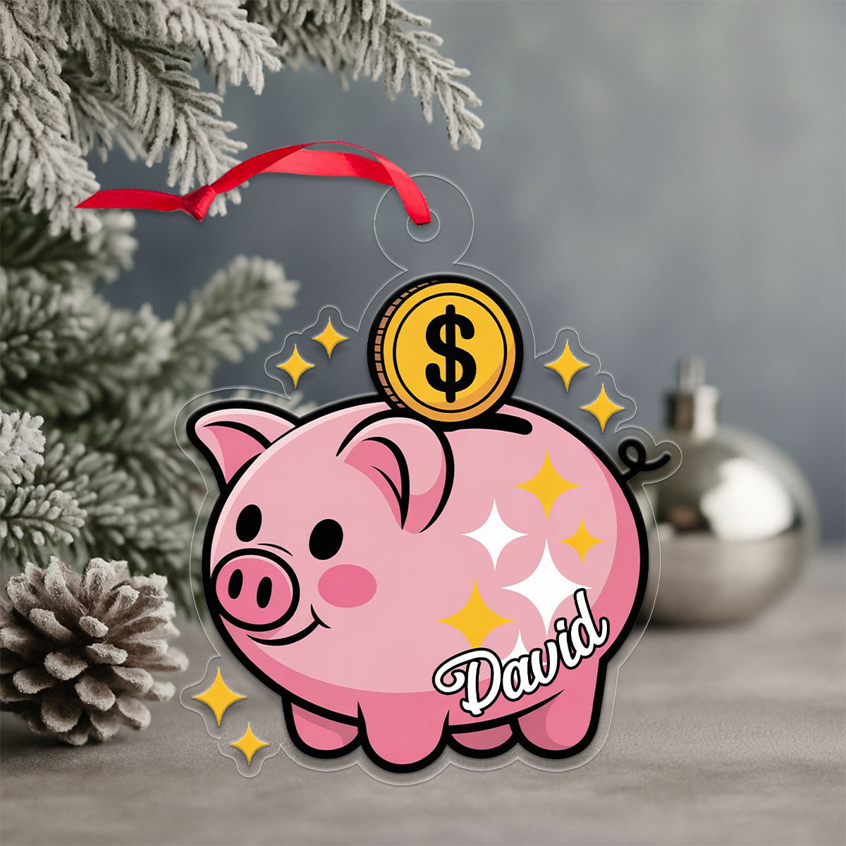 Personalized Piggy Bank Ornament, Custom Christmas Ornament for Kids, Cute Money Saving Holiday Gift, Family Keepsake Decoration