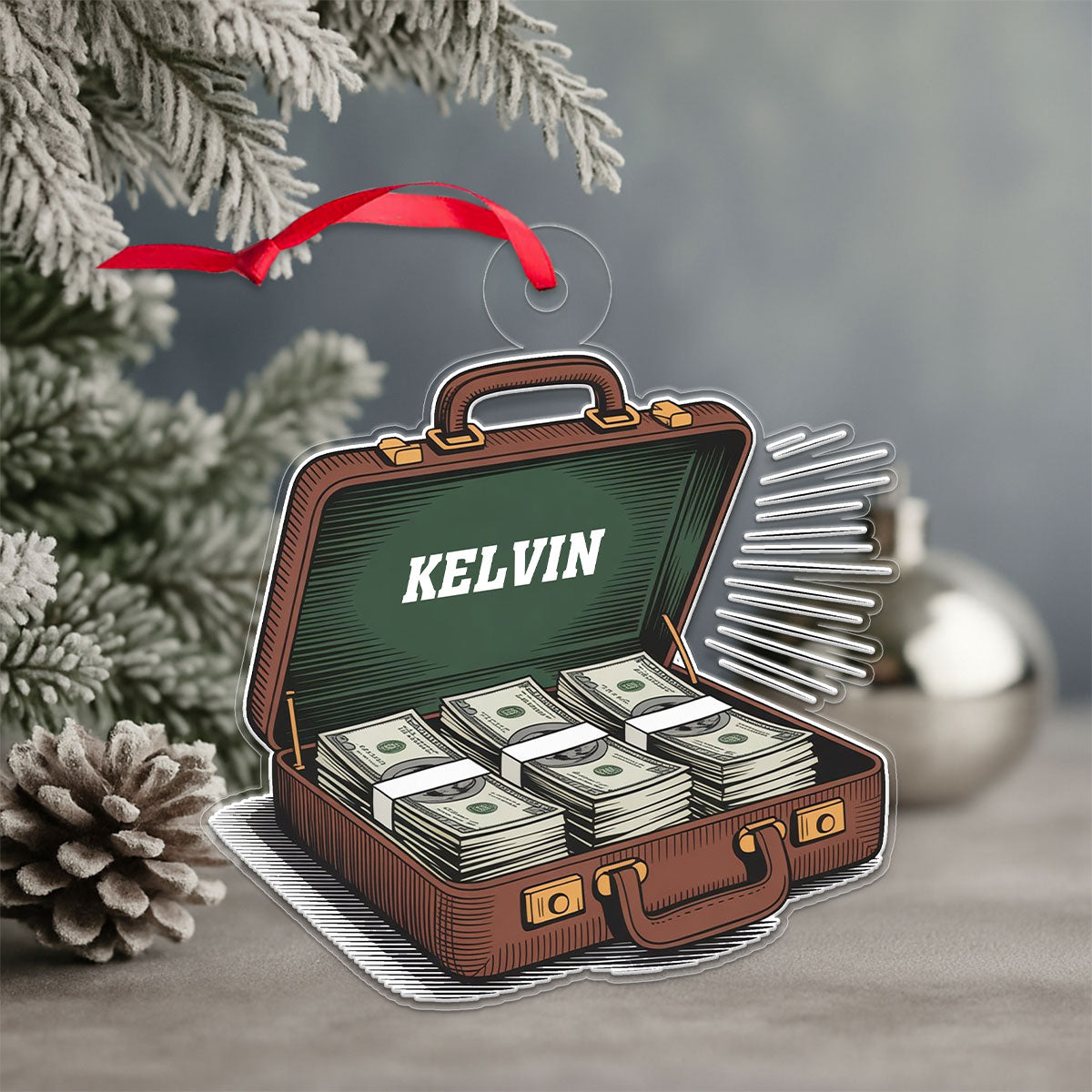 Personalized Suitcase with Cash Dollars Ornament, Custom Funny Christmas Ornament, Money Lover Holiday Gift, Unique Xmas Keepsake