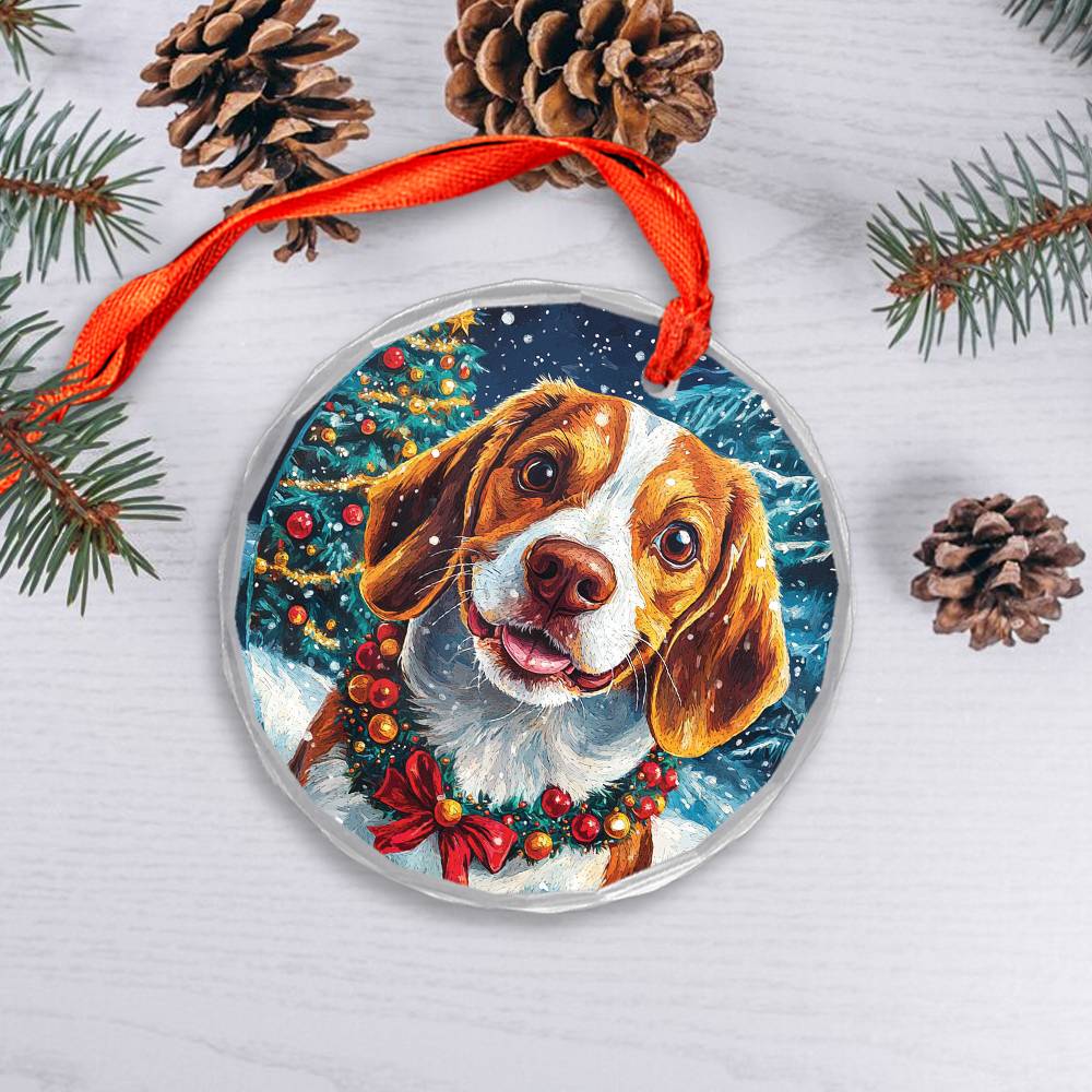 Beautiful Angus Beagle Dog Christmas Night Design 3 Glass Ornament