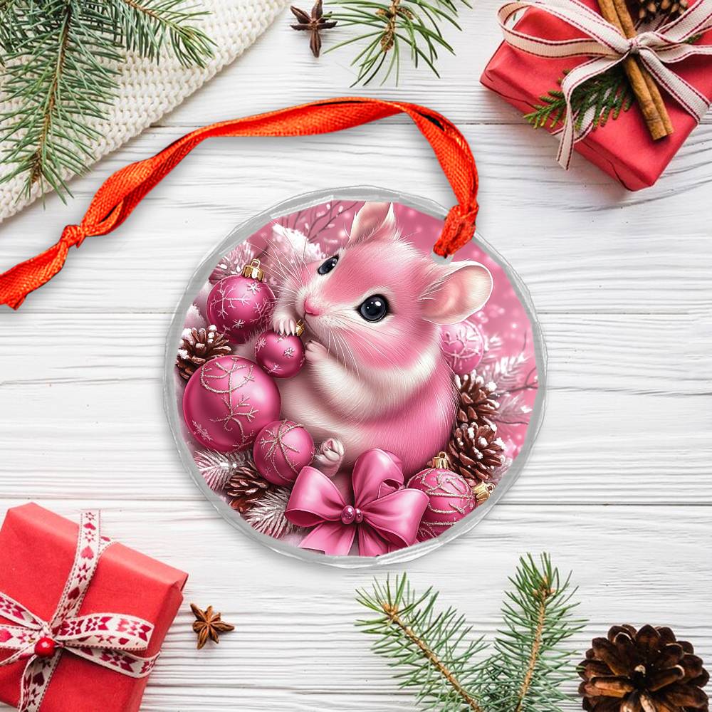 Hamster Pink Christmas Design 1 Glass Ornament