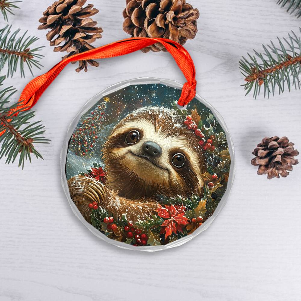 Beautiful Angus Sloth Christmas Night Design 3 Glass Ornament