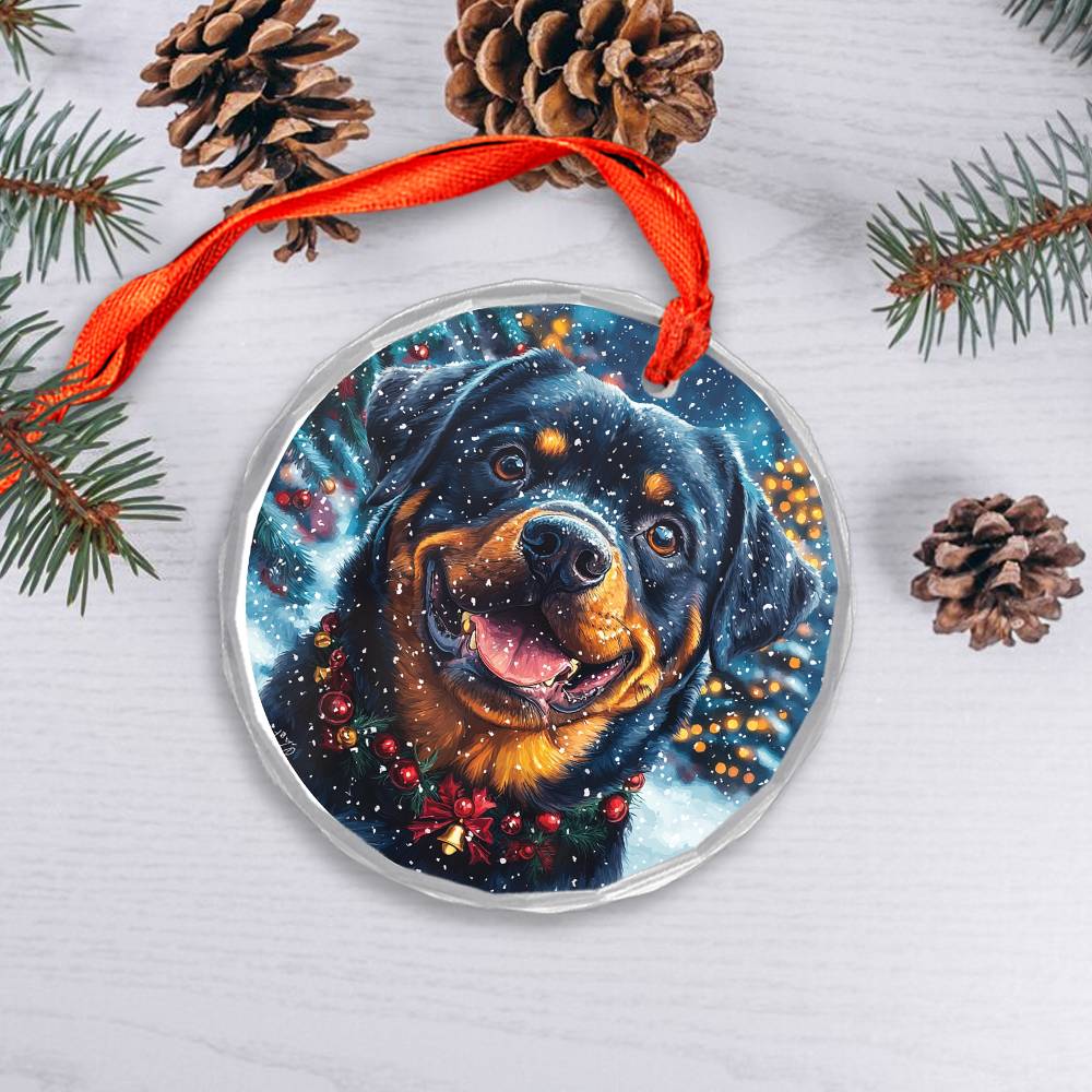 Beautiful Angus Rottweiler Dog Christmas Night Design 3 Glass Ornament