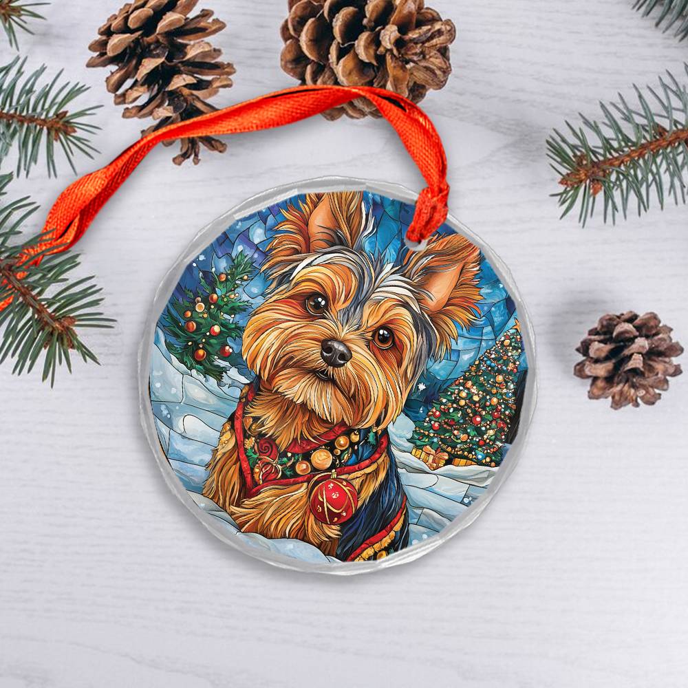 Beautiful Angus Yorkshire Terrier Dog Christmas Night Design 1 Glass Ornament