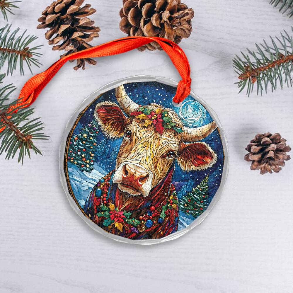 Beautiful Angus Cow Christmas Night Design 2 Glass Ornament