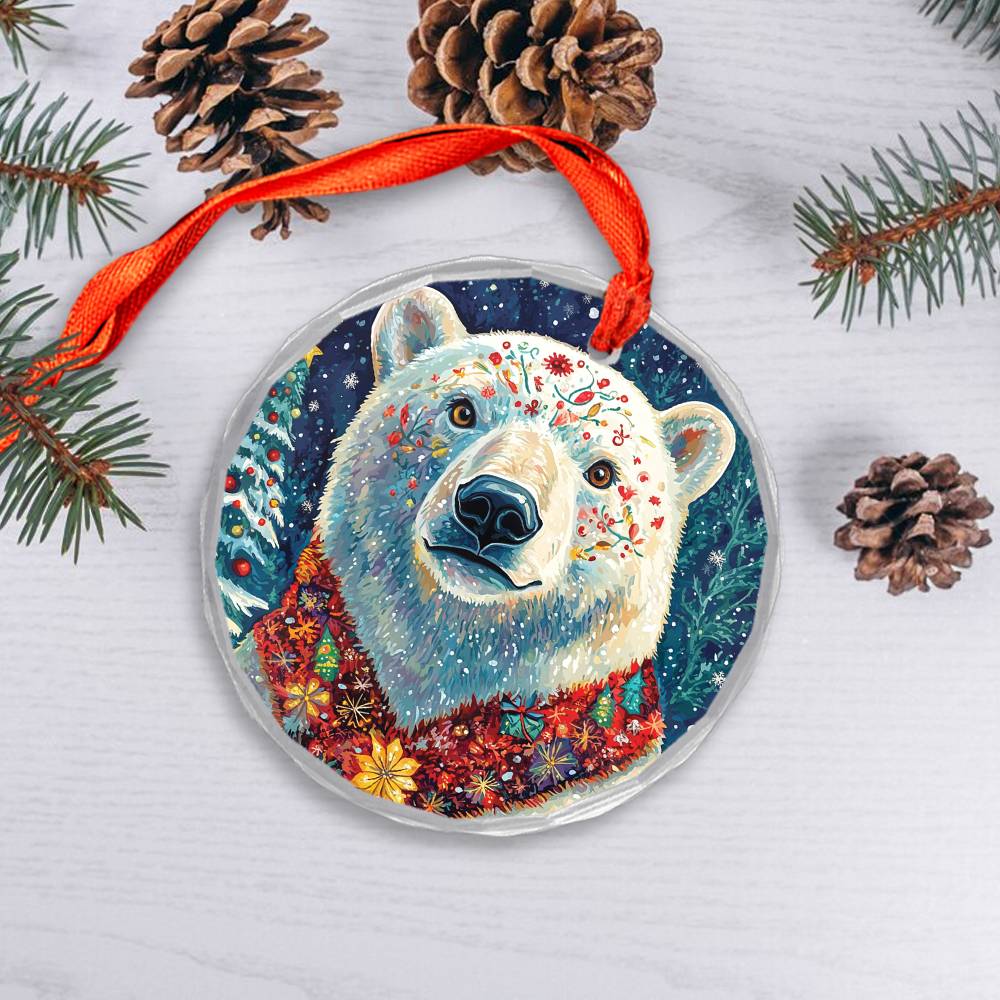 Beautiful Angus Polar Bear Christmas Night Design 1 Glass Ornament