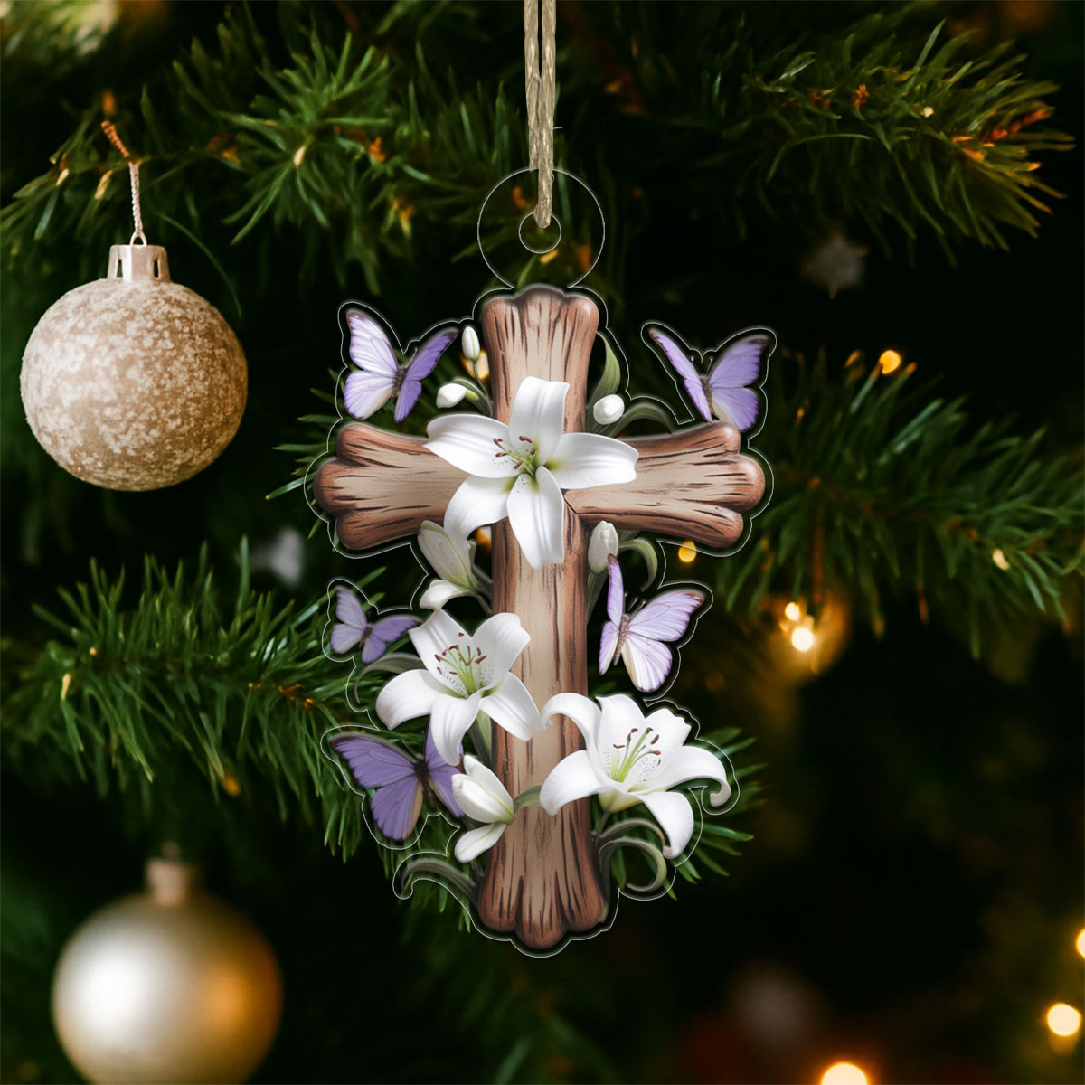 Lily & Butterfly Cross Acrylic Ornament Christmas Gift