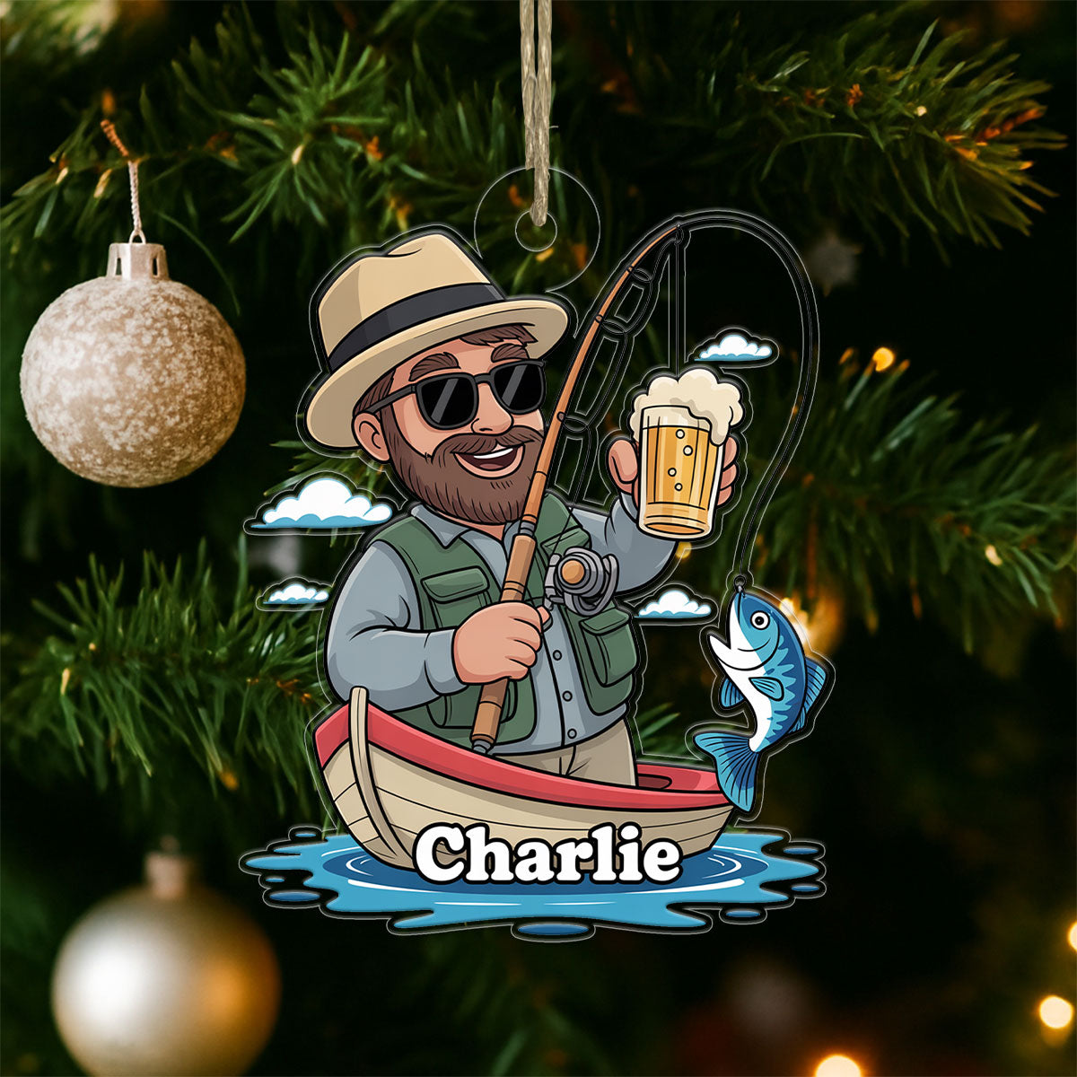 Custom Name Caricature Fisherman Acrylic Ornament Christmas Gift