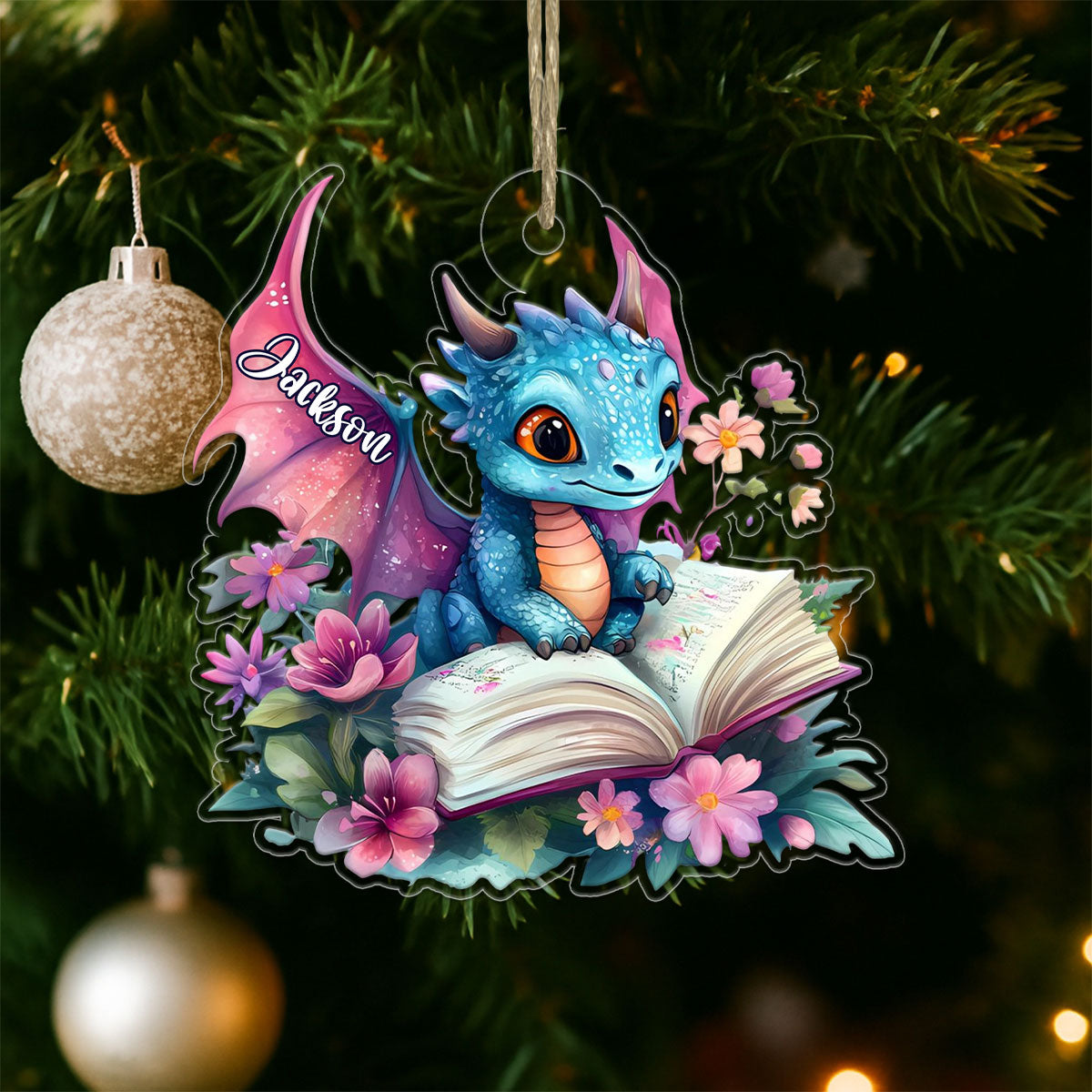 Custom Name Book Lover with Dragon Acrylic Ornament Christmas Gift