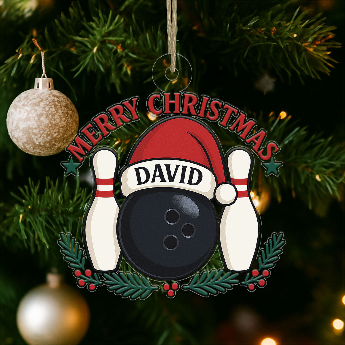 Custom Name Bowling Ball Santa Acrylic Ornament Christmas Gift