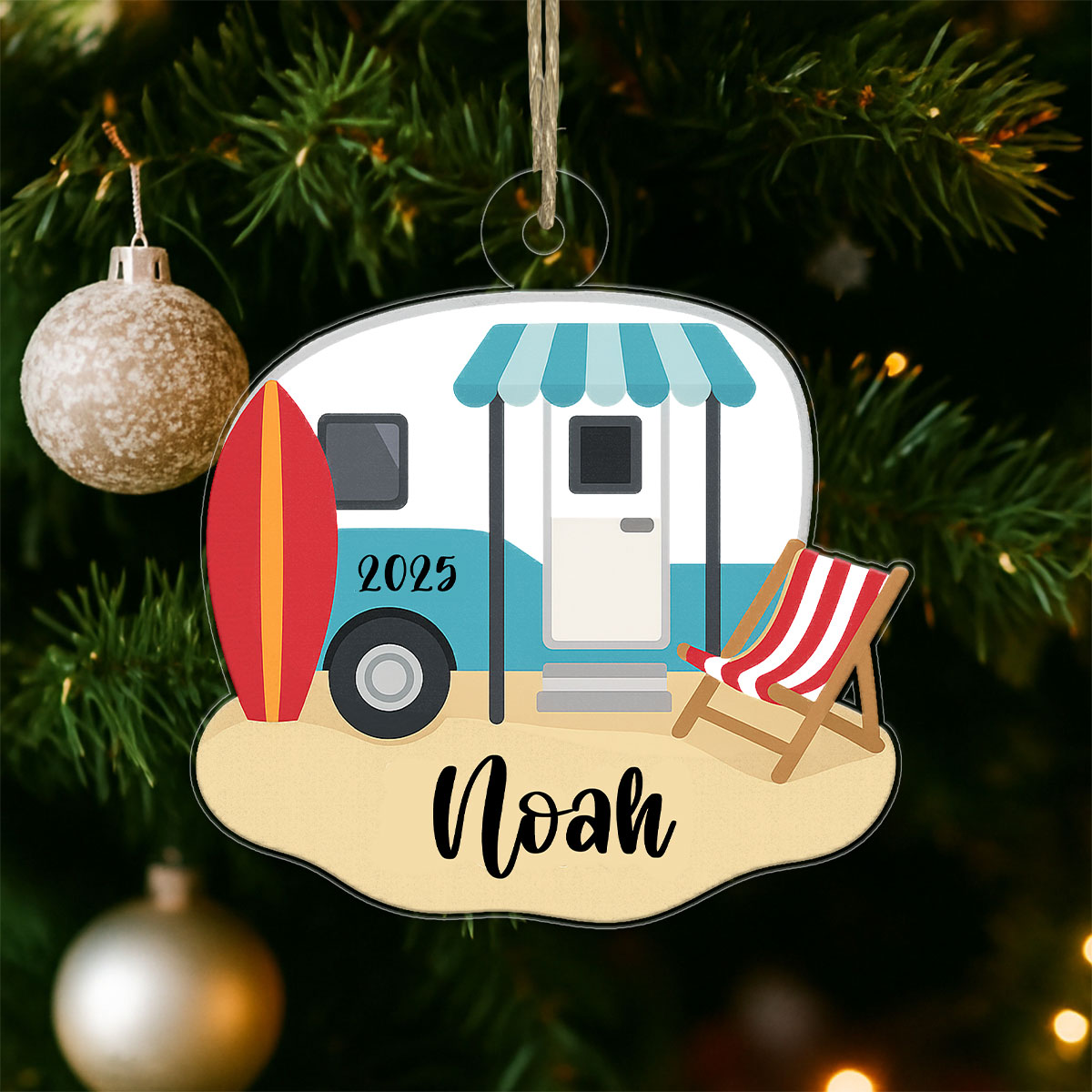 Custom Name Camping Beach For Travel Lover Acrylic Ornament Christmas Gift