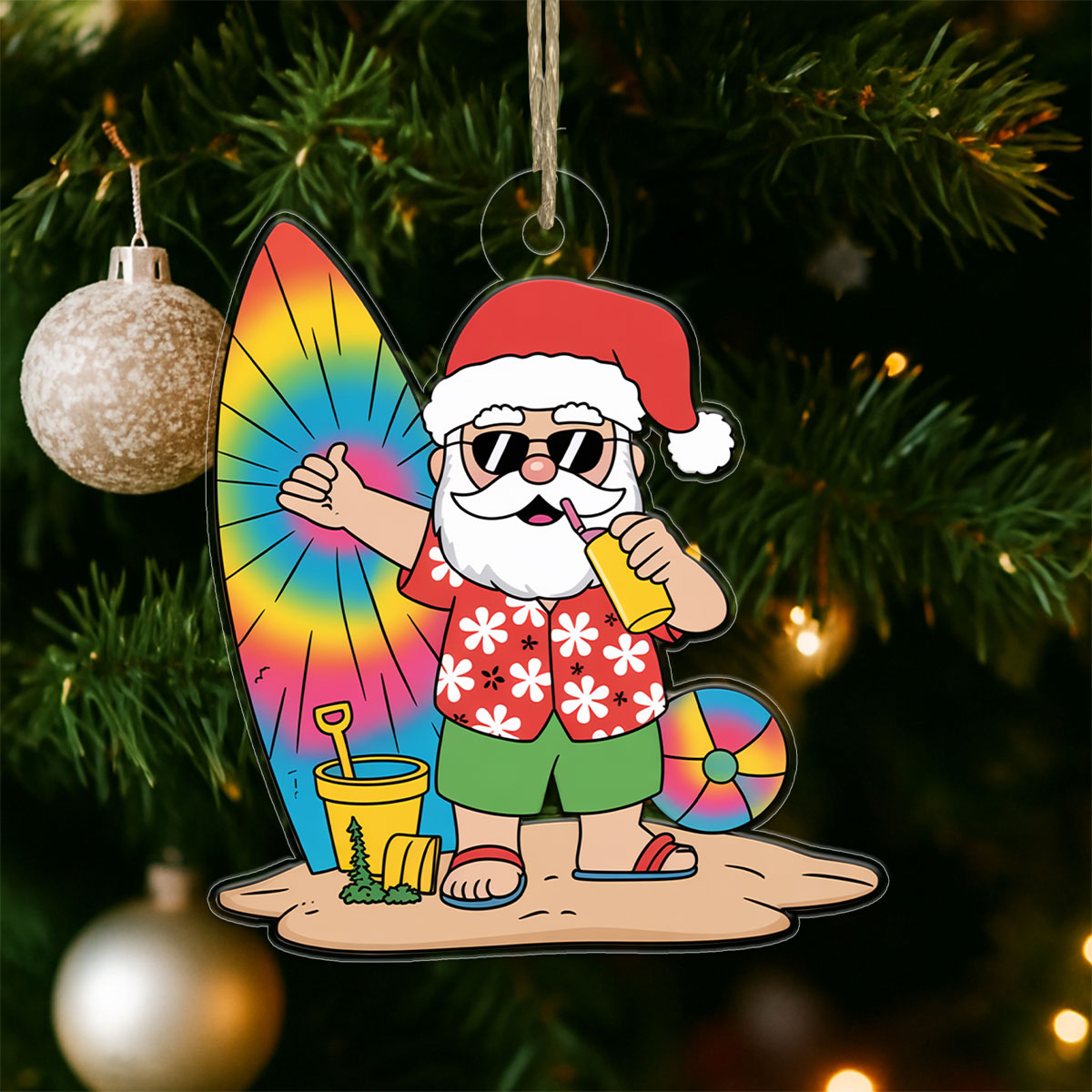 Santa Claus Cartoon Christmas On The Beach Acrylic Ornament Christmas Gift