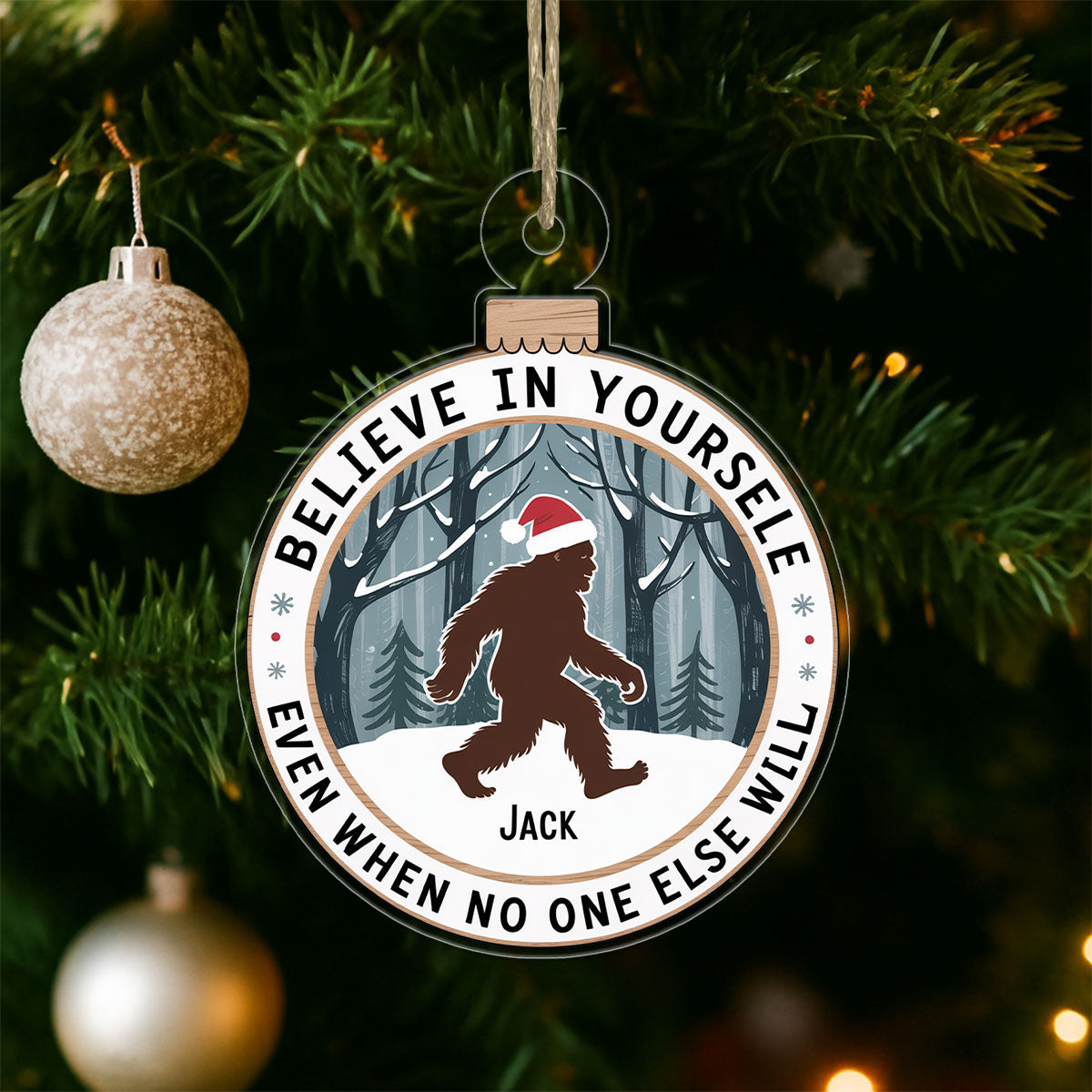 Personalized Bigfoot Believe Christmas Ornament, Custom Sasquatch Holiday Ornament, Funny Cryptid Decoration, Camper Hiking Gift Keepsake
