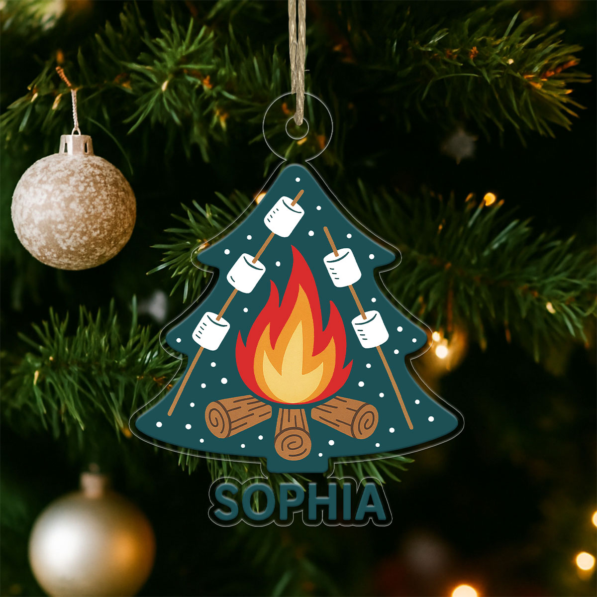 Personalized Campfire and Marshmallows with Christmas Tree Ornament, Custom Christmas Ornament, Camping Holiday Keepsake, Cozy Family Gift
