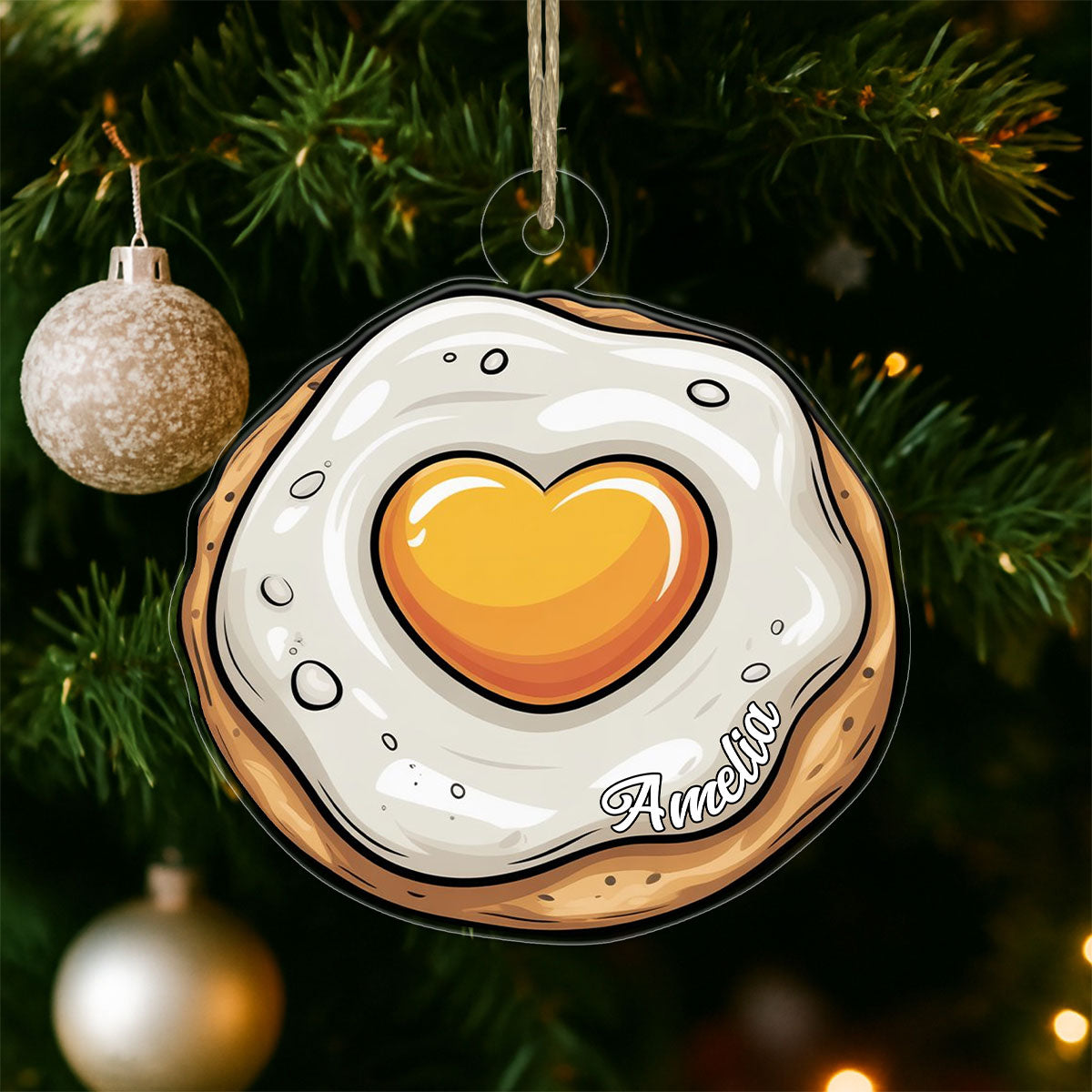 Personalized Heart Fried Egg Ornament, Custom Funny Christmas Ornament, Breakfast Lover Gift, Cooking Holiday Decoration, Unique Foodie Keepsake