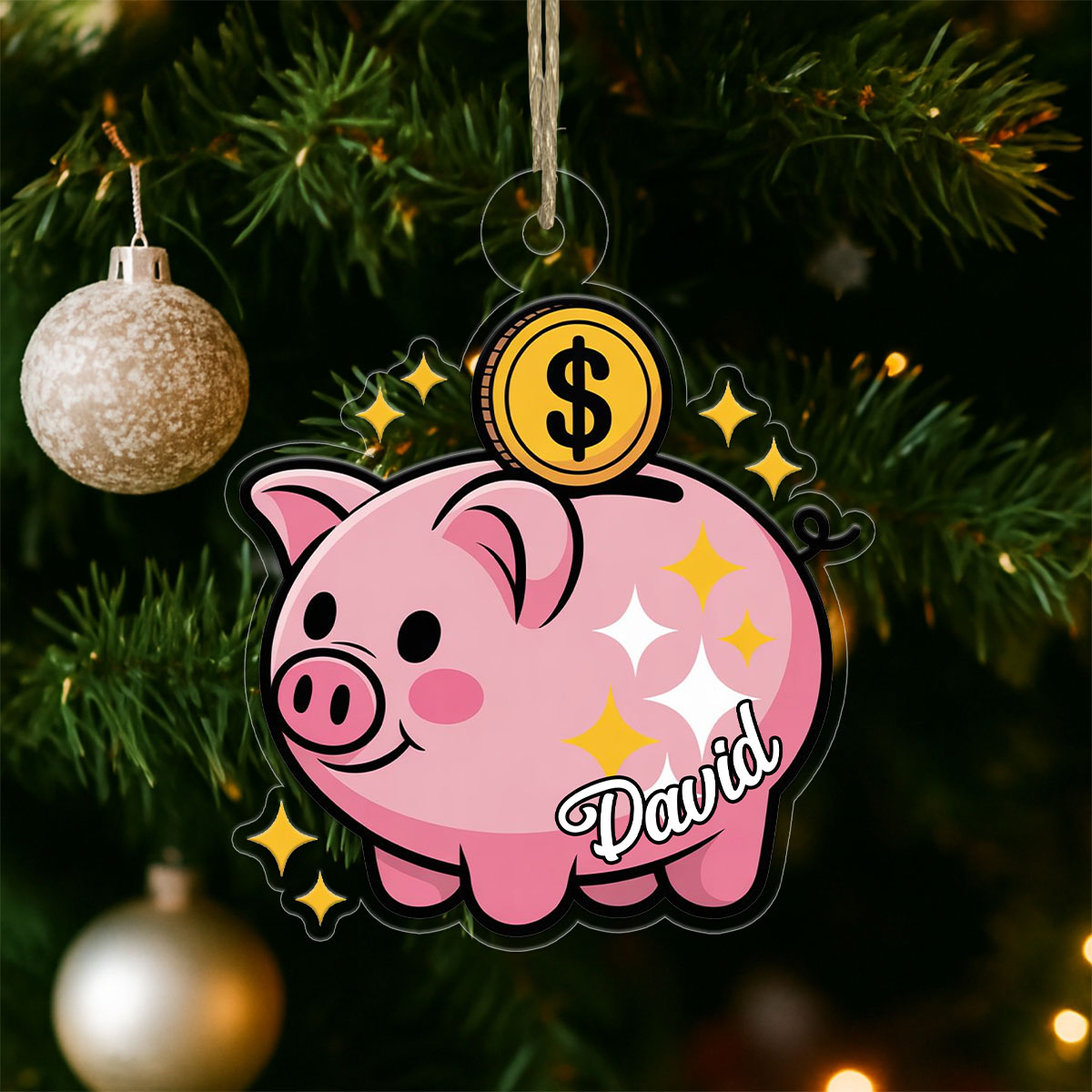 Personalized Piggy Bank Ornament, Custom Christmas Ornament for Kids, Cute Money Saving Holiday Gift, Family Keepsake Decoration