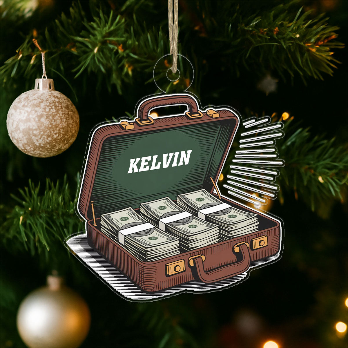 Personalized Suitcase with Cash Dollars Ornament, Custom Funny Christmas Ornament, Money Lover Holiday Gift, Unique Xmas Keepsake