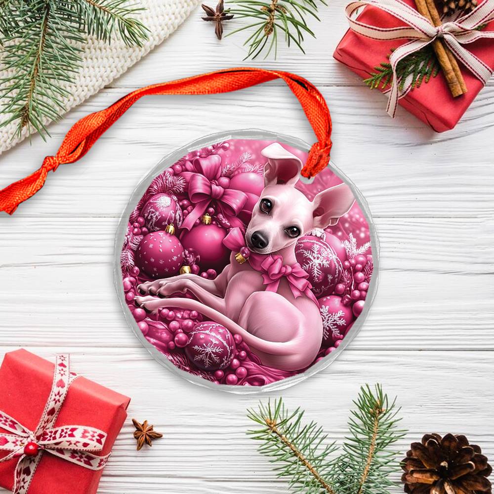 Whippet Dog Pink Christmas Design 1 Glass Ornament