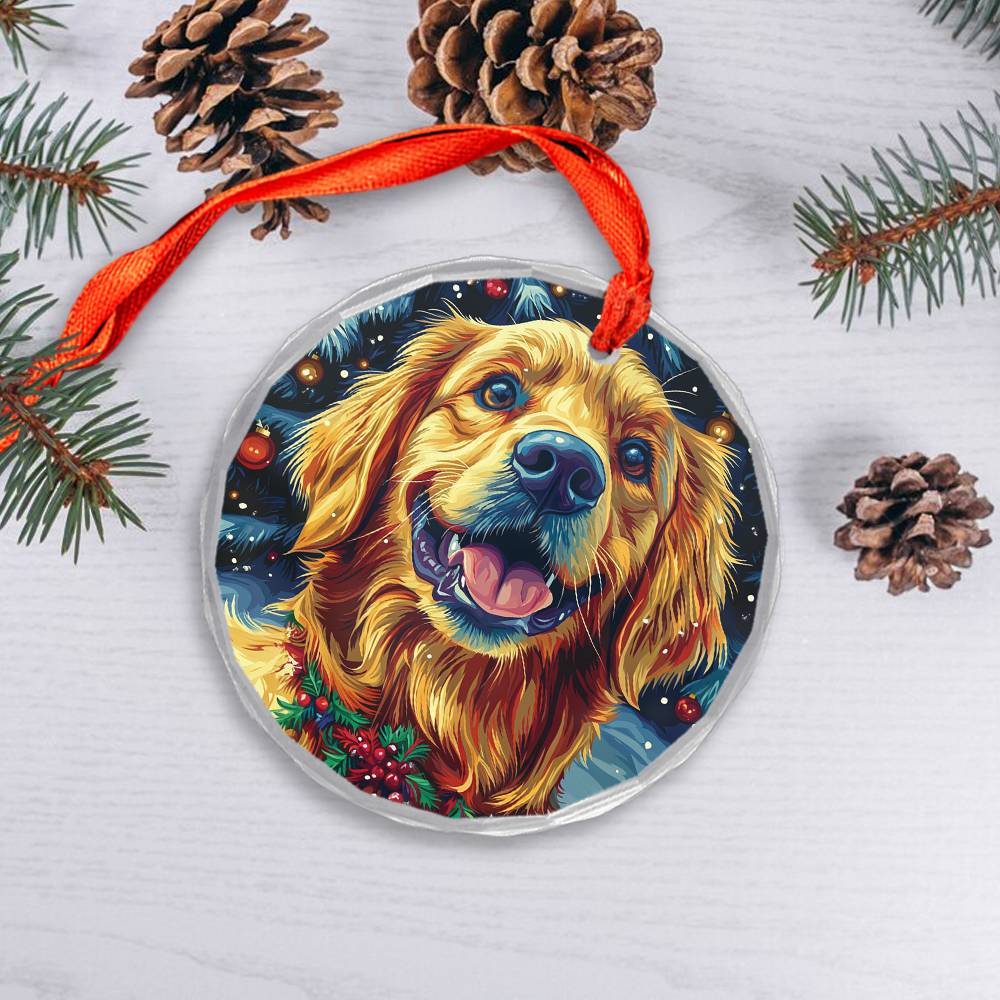 Beautiful Golden Retriever Dog Christmas Night Design 2 Glass Ornament