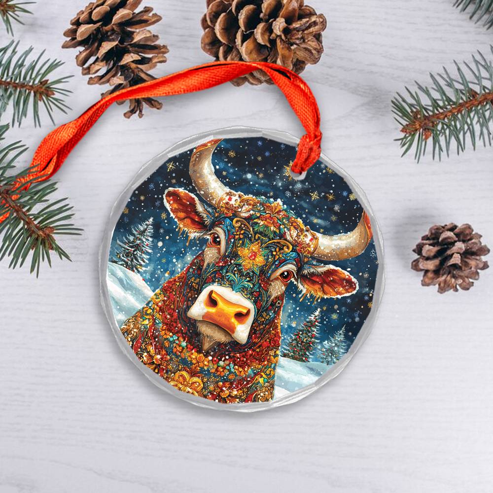 Beautiful Bull Christmas Night Design 3 Glass Ornament
