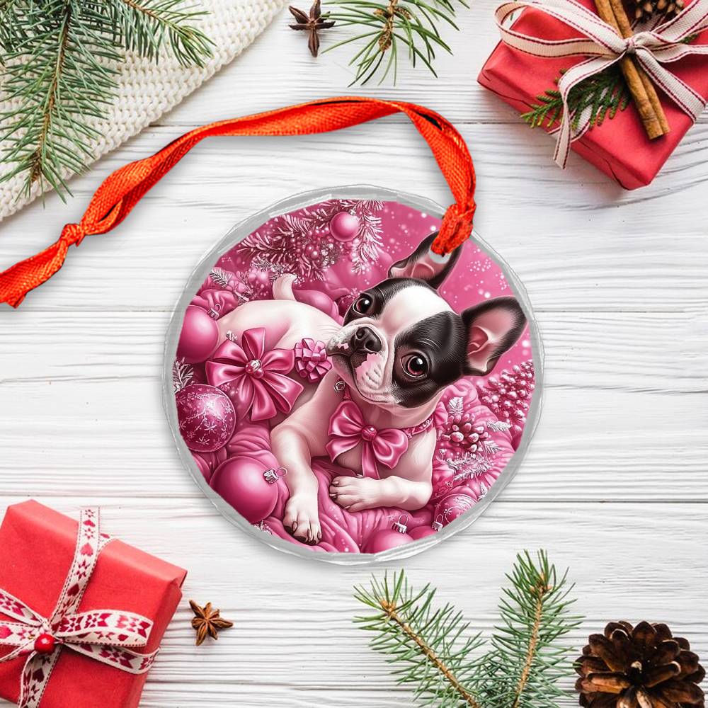 Boston Terrier Dog Pink Christmas Design 1 Glass Ornament