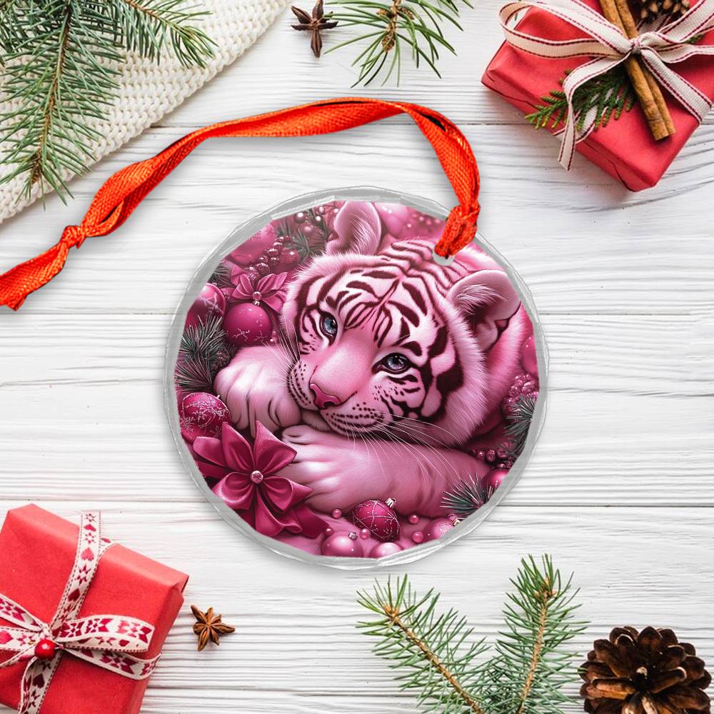 Tiger Pink Christmas Design 4 Glass Ornament
