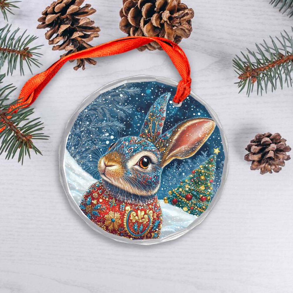 Beautiful Rabbit Christmas Night Design 2 Glass Ornament