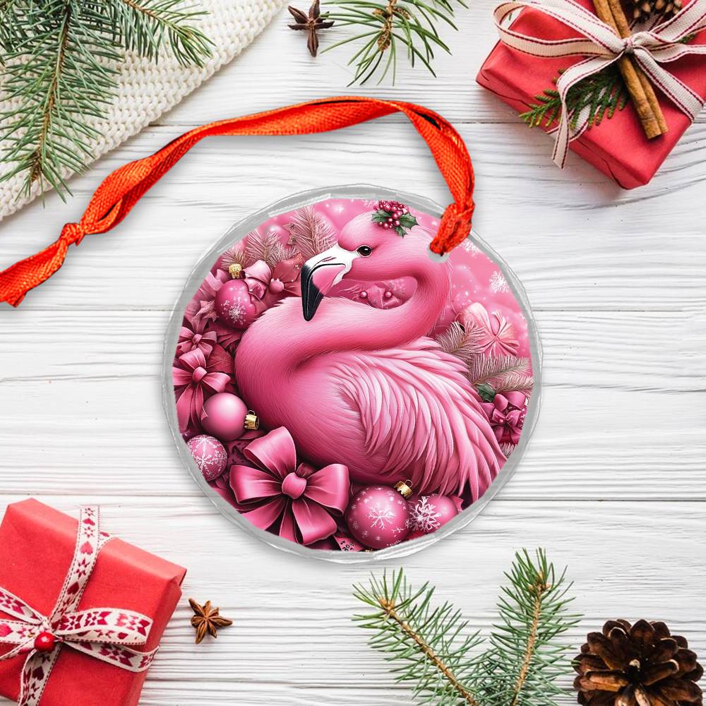 Flamingo Pink Christmas Design 2 Glass Ornament