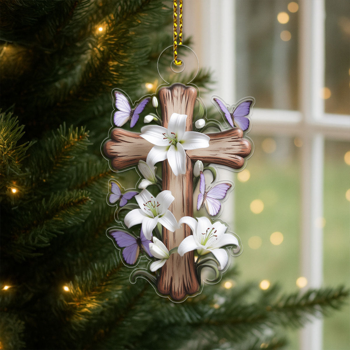 Lily & Butterfly Cross Acrylic Ornament Christmas Gift