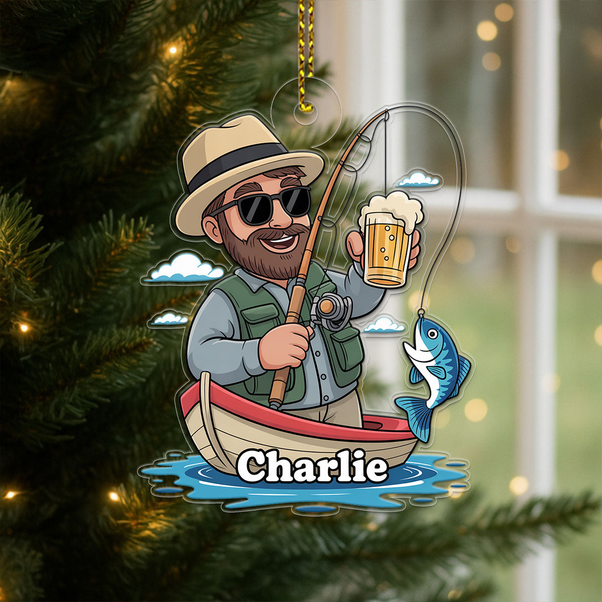 Custom Name Caricature Fisherman Acrylic Ornament Christmas Gift