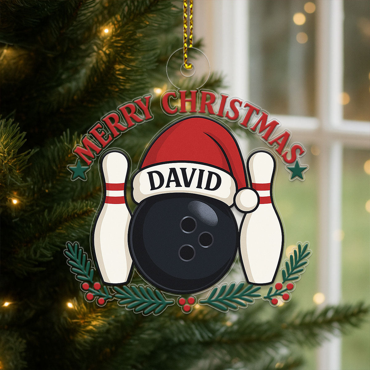 Custom Name Bowling Ball Santa Acrylic Ornament Christmas Gift