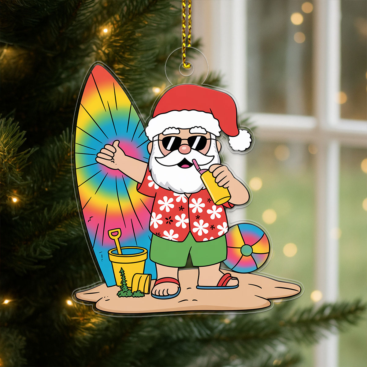 Santa Claus Cartoon Christmas On The Beach Acrylic Ornament Christmas Gift