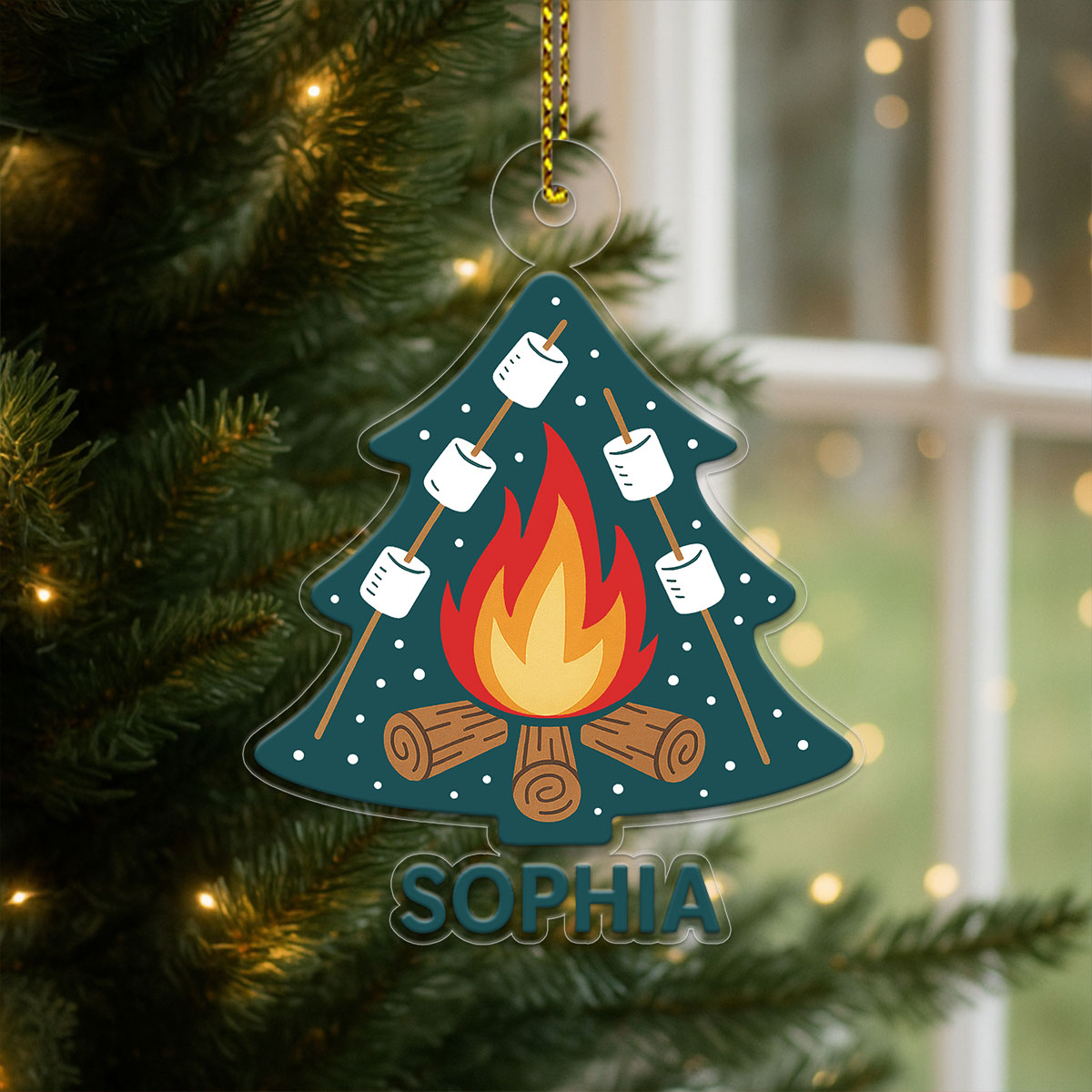 Personalized Campfire and Marshmallows with Christmas Tree Ornament, Custom Christmas Ornament, Camping Holiday Keepsake, Cozy Family Gift