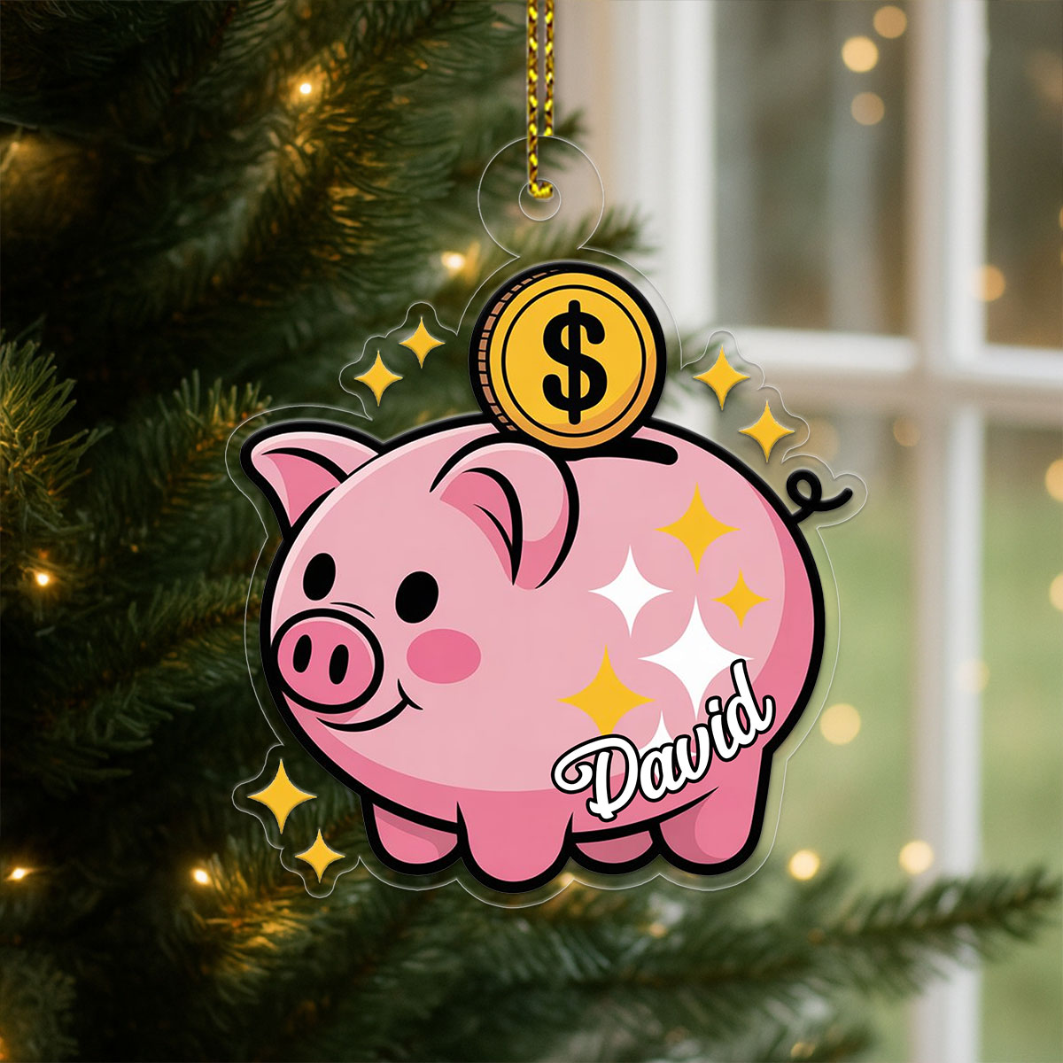 Personalized Piggy Bank Ornament, Custom Christmas Ornament for Kids, Cute Money Saving Holiday Gift, Family Keepsake Decoration