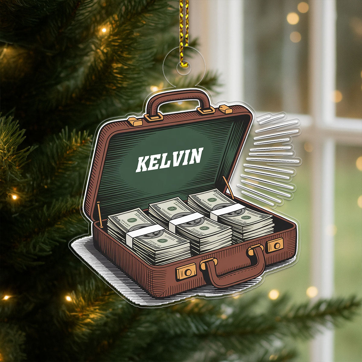 Personalized Suitcase with Cash Dollars Ornament, Custom Funny Christmas Ornament, Money Lover Holiday Gift, Unique Xmas Keepsake