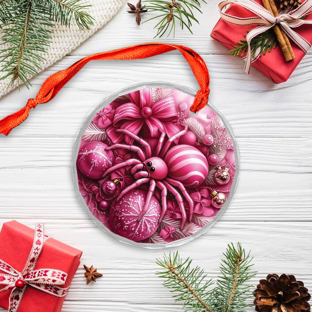 Spider Pink Christmas Design 1 Glass Ornament