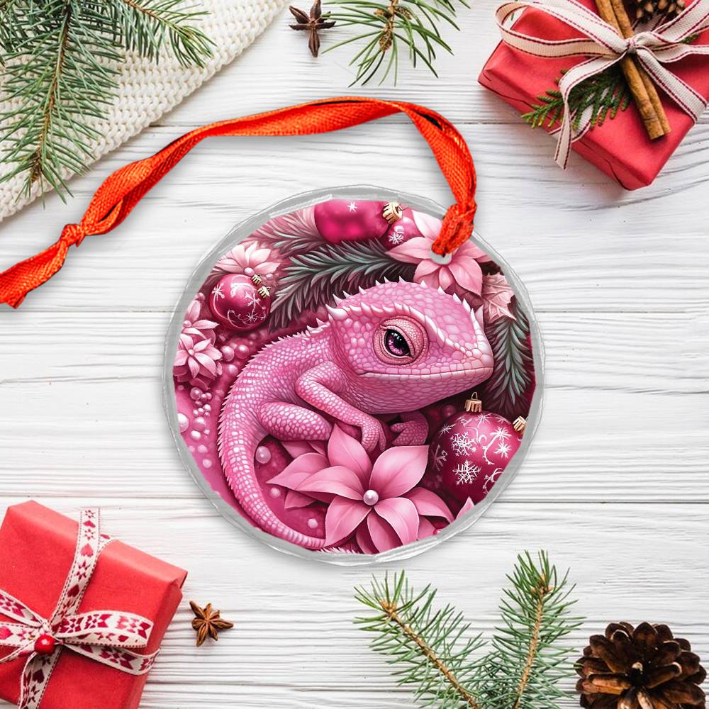 Chameleon Pink Christmas Design 3 Glass Ornament