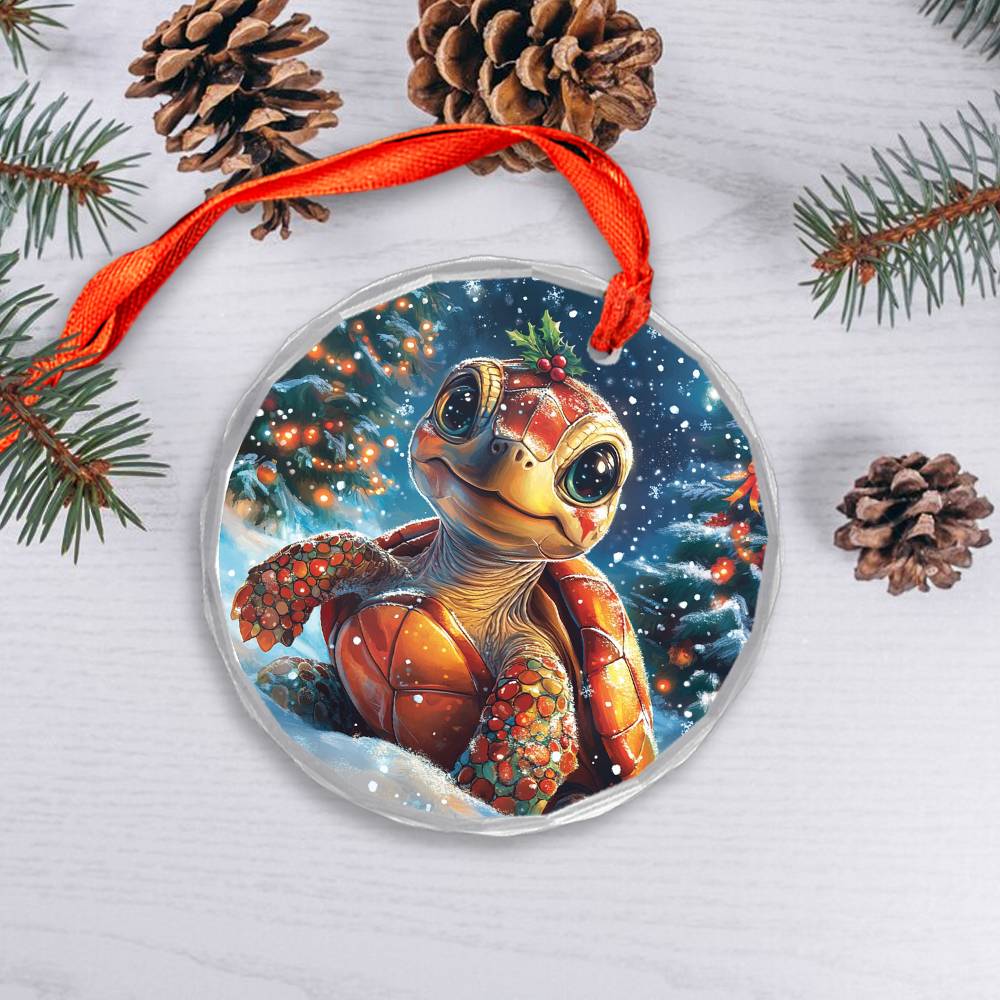 Beautiful Angus Turtle Christmas Night Design 4 Glass Ornament