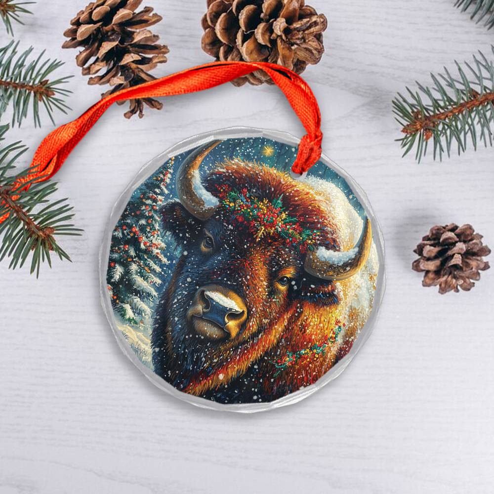 Beautiful Bison Christmas Night Design 3 Glass Ornament