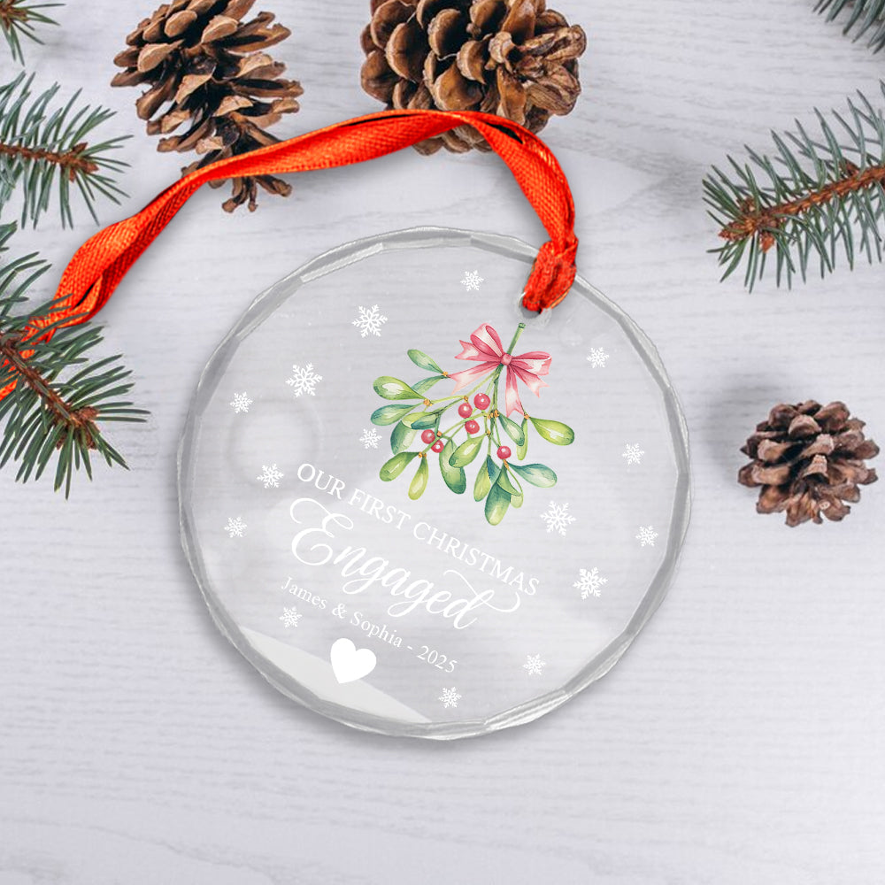 Mistletoe Our First Christmas Engaged - Personalized Circle Glass Ornament2