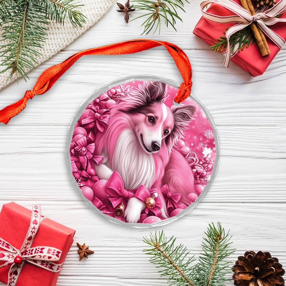 Collie Dog Pink Christmas Design 2 Glass Ornament