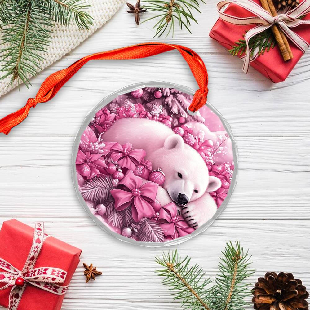 Pola Bear Pink Christmas Design 1 Glass Ornament