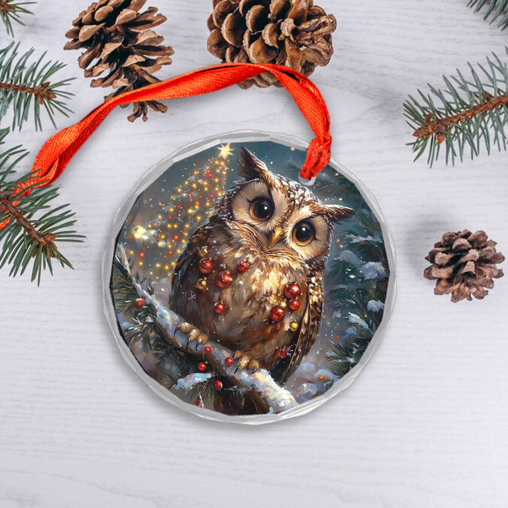 Beautiful Owl Christmas Night Design 4 Glass Ornament