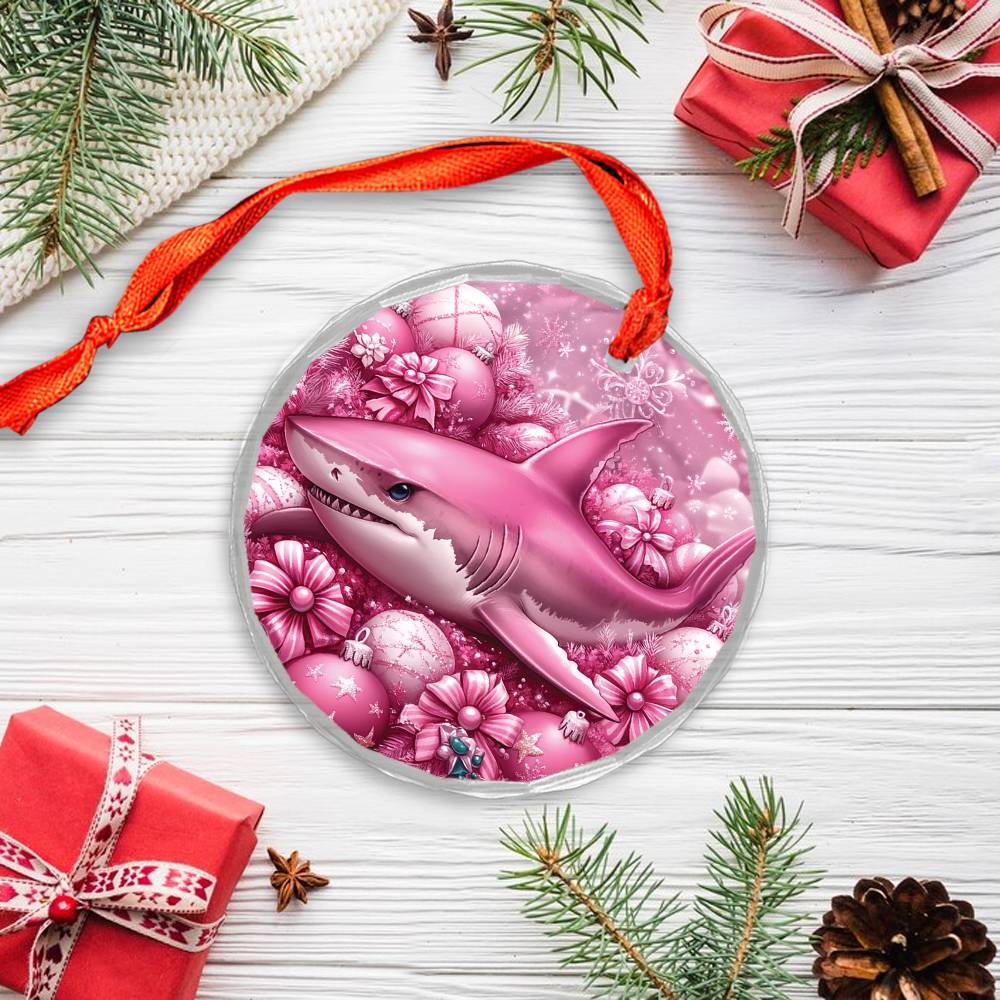 Shark Pink Christmas Design 2 Glass Ornament