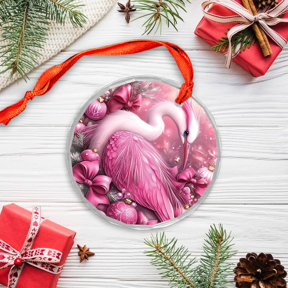 Heron Pink Christmas Design 2 Glass Ornament