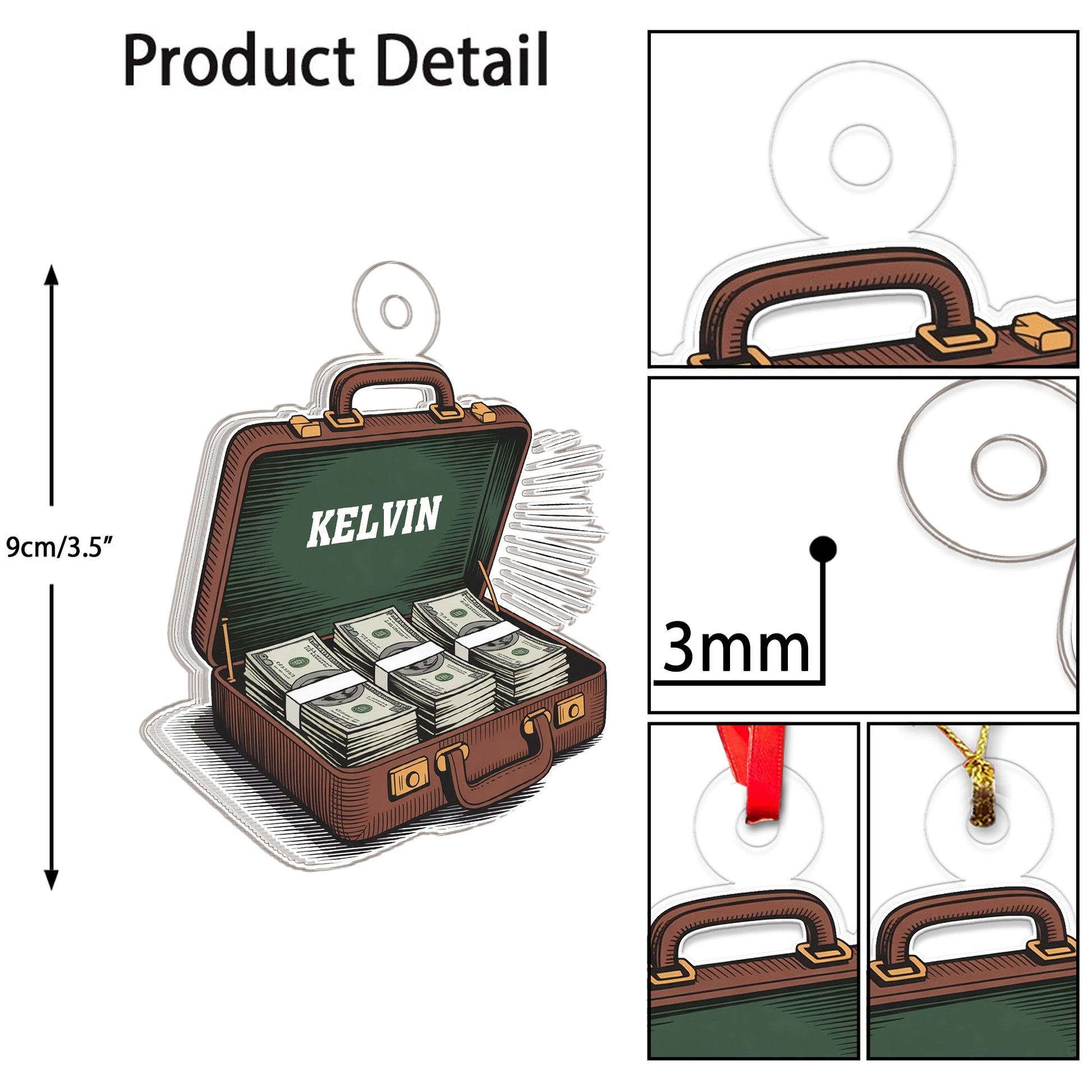 Personalized Suitcase with Cash Dollars Ornament, Custom Funny Christmas Ornament, Money Lover Holiday Gift, Unique Xmas Keepsake